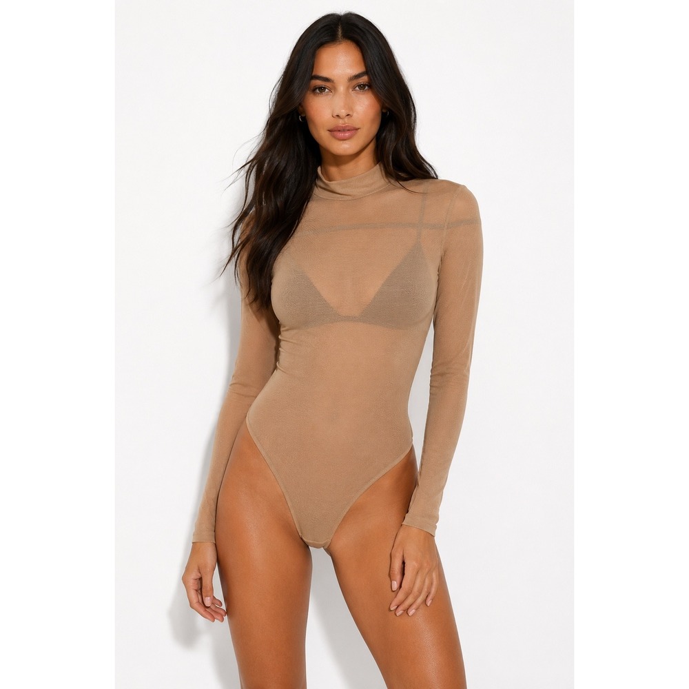 Hera Collection Beige Mesh Long Sleeve Mock Neck Bodysuit Size S NWT